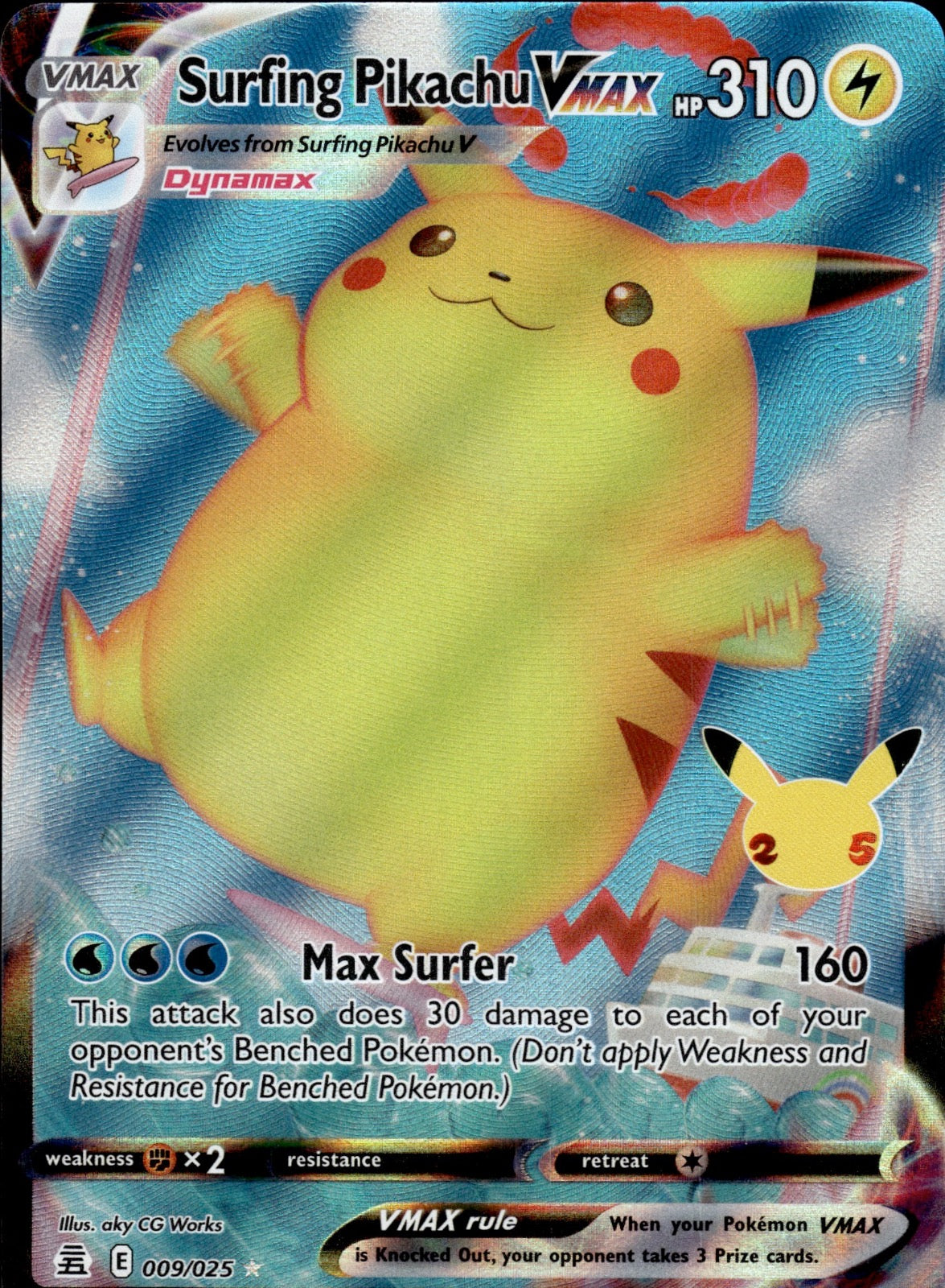 Surfing Pikachu VMAX 009/025 Holo VMAX Rare Celebrations Pokemon