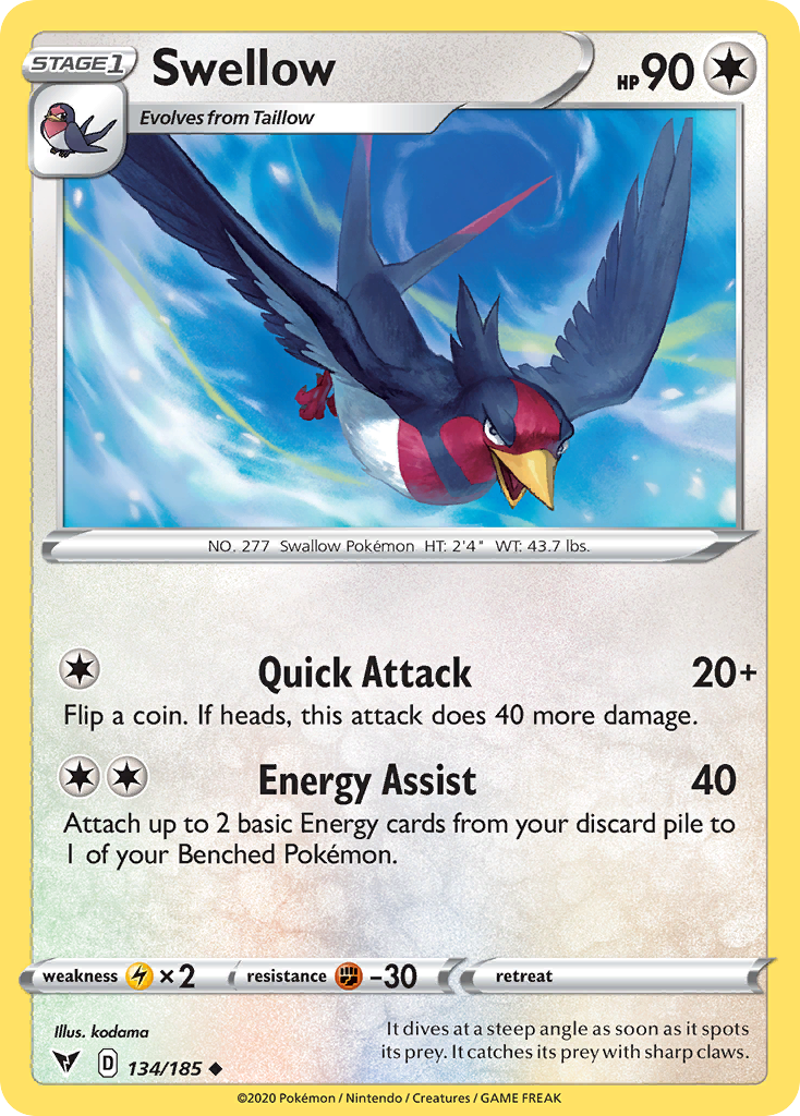Swellow 134/185 Uncommon Vivid Voltage Pokemon Reverse Holo