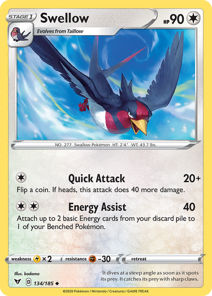 Swellow 134/185 Uncommon Vivid Voltage Pokemon Reverse Holo