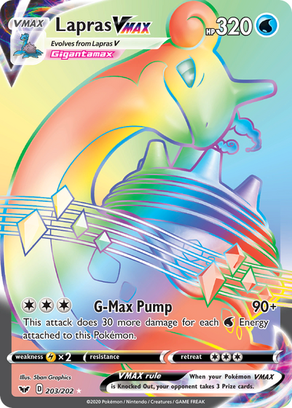 Lapras VMAX 203/202 Rainbow Rare Sword & Shield Pokemon