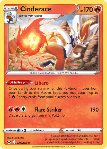 Cinderace 034/202 Holo Rare Sword & Shield Pokemon Holo