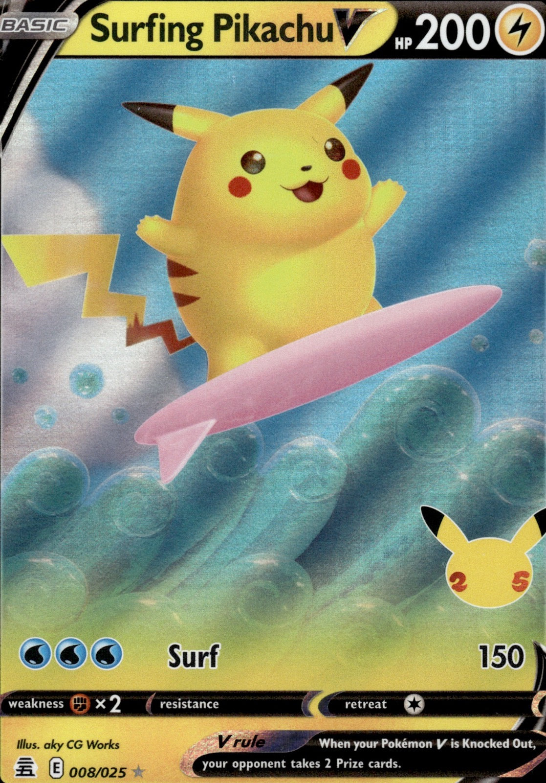 Surfing Pikachu V 008/025 Holo V Rare Celebrations Pokemon