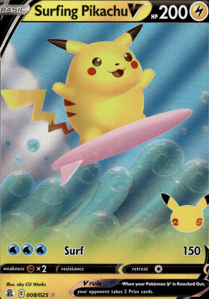 Surfing Pikachu V 008/025 Holo V Rare Celebrations Pokemon