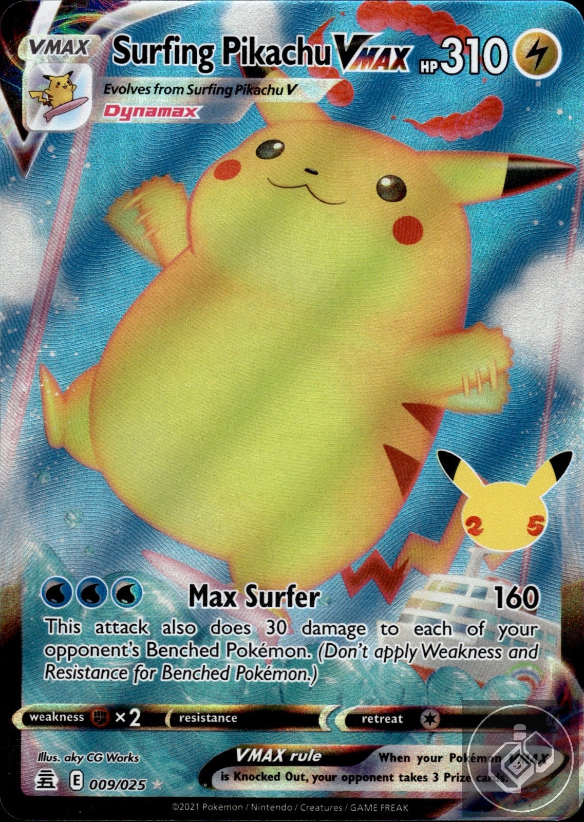 Surfing Pikachu VMAX 009/025 Holo VMAX Rare Celebrations Pokemon