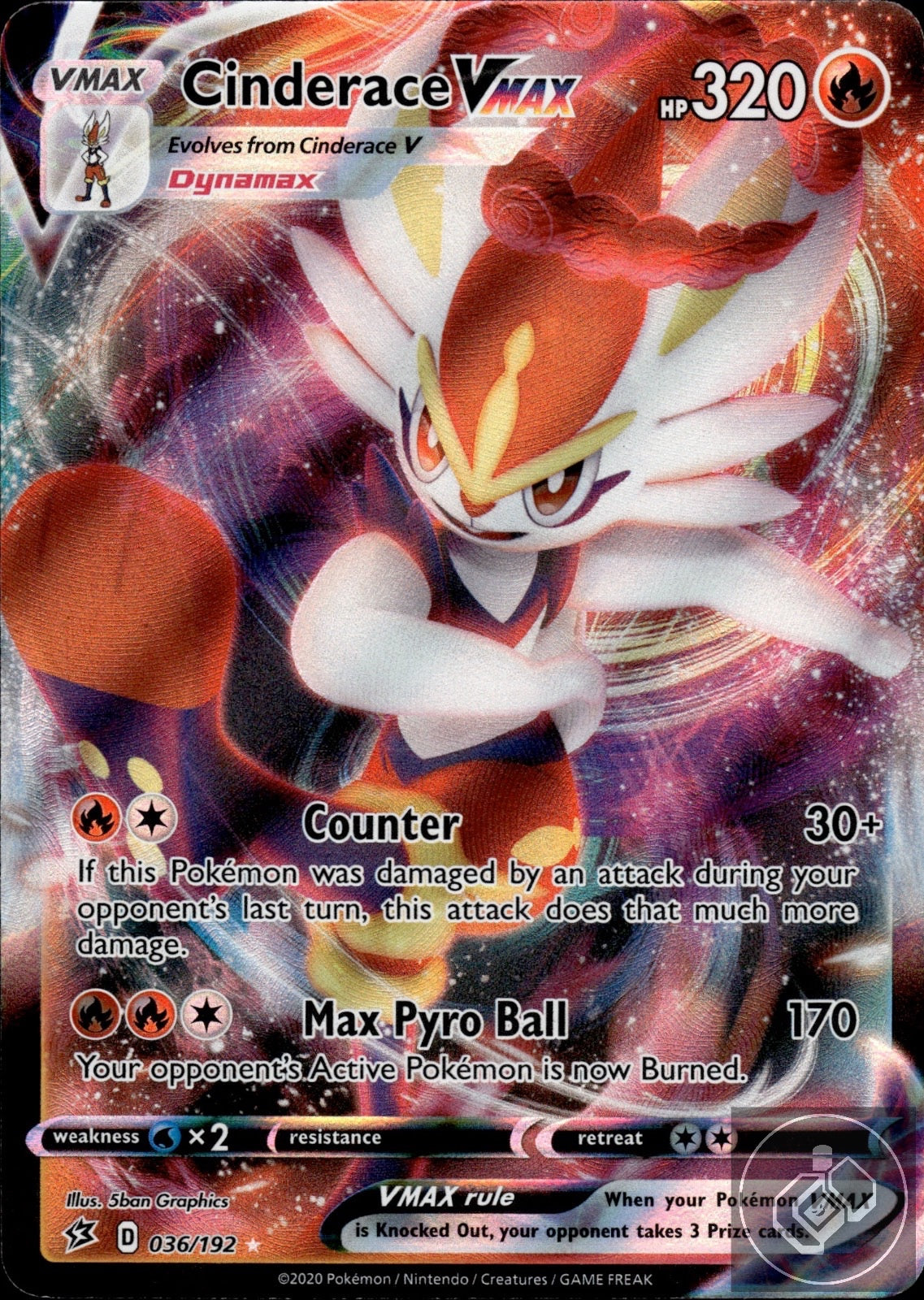 Cinderace VMAX 036/192 Holo VMAX Rare Rebel Clash Pokemon