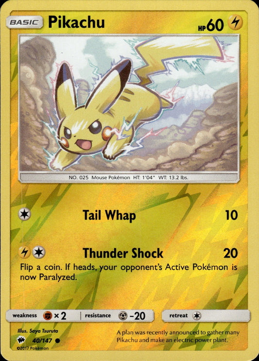 Pikachu 40/147 Common Burning Shadows Pokemon Reverse Holo