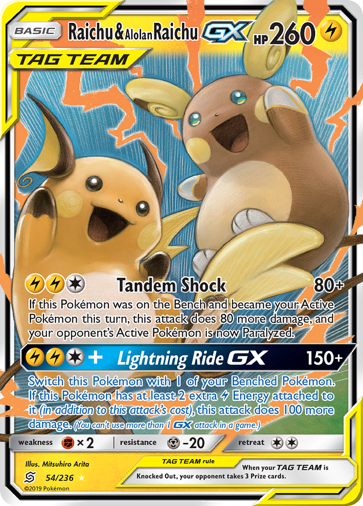 Raichu & Alolan Raichu GX 54/236 Holo GX Rare Unified Minds Pokemon