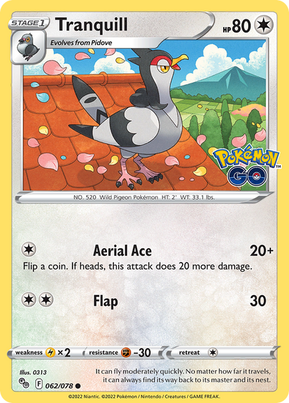 Tranquill 062/078 Common Pokemon GO Pokemon Reverse Holo