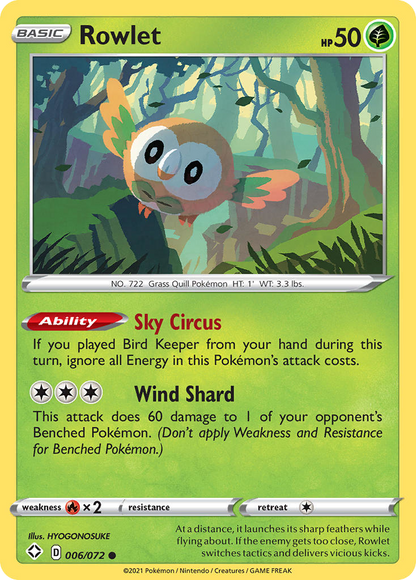 Rowlet 006/072 Common Shining Fates Pokemon Reverse Holo