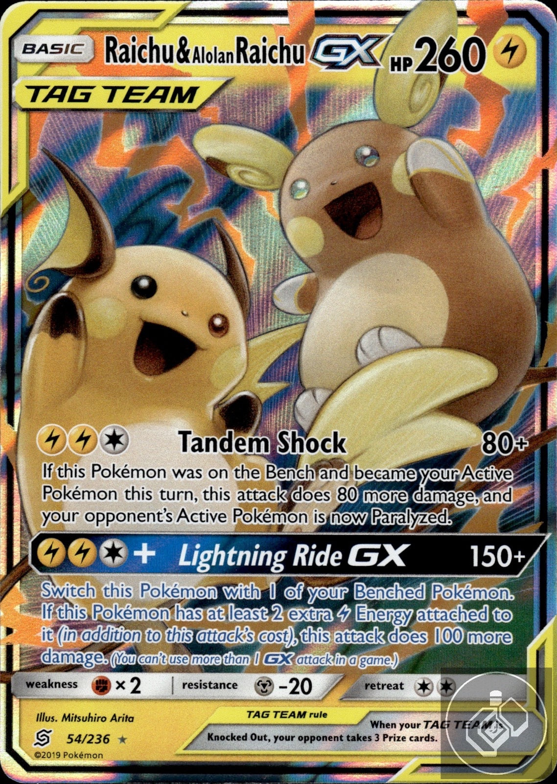 Raichu & Alolan Raichu GX 54/236 Holo GX Rare Unified Minds Pokemon