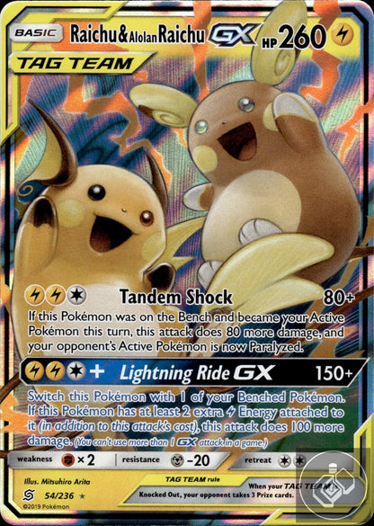 Raichu & Alolan Raichu GX 54/236 Holo GX Rare Unified Minds Pokemon