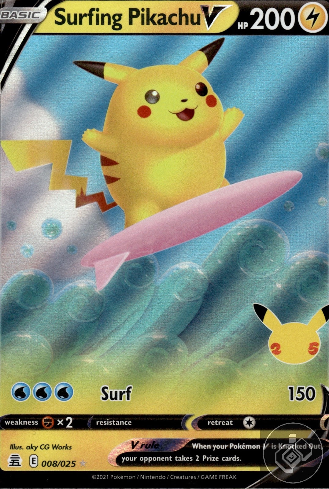 Surfing Pikachu V 008/025 Holo V Rare Celebrations Pokemon