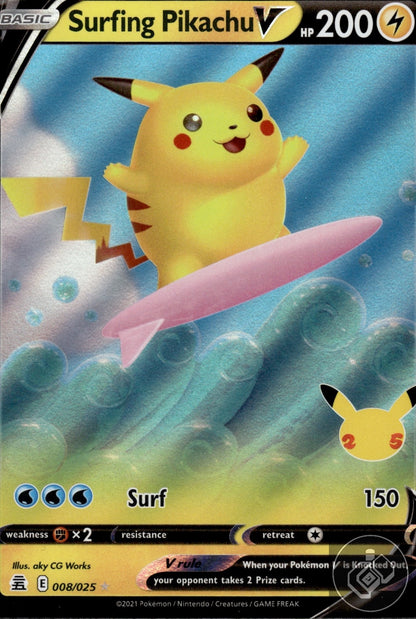Surfing Pikachu V 008/025 Holo V Rare Celebrations Pokemon