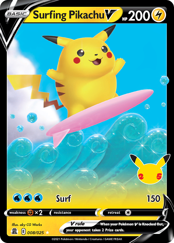 Surfing Pikachu V 008/025 Holo V Rare Celebrations Pokemon