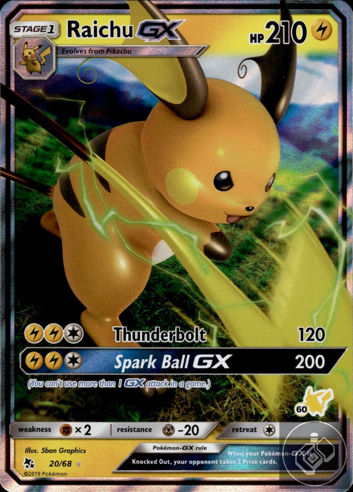 Raichu GX 20/68 Holo GX Rare Hidden Fates Pokemon