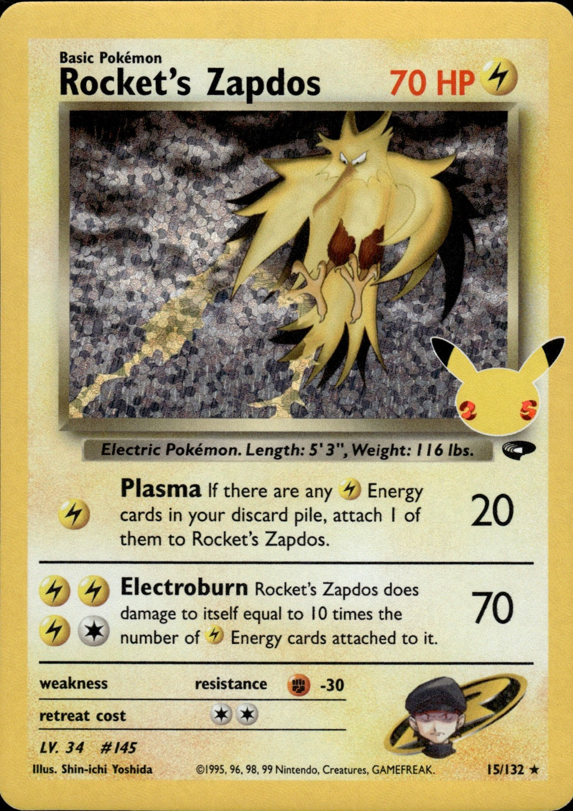 Rocket's Zapdos 15/132 holo Celebrations: Classic Collection Pokemon