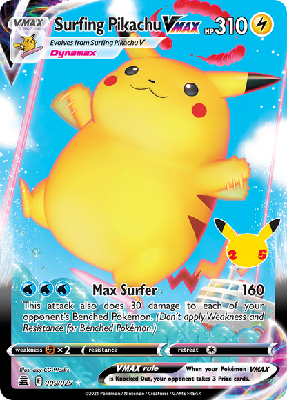 Surfing Pikachu VMAX 009/025 Holo VMAX Rare Celebrations Pokemon