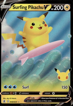 Surfing Pikachu V 008/025 Holo V Rare Celebrations Pokemon