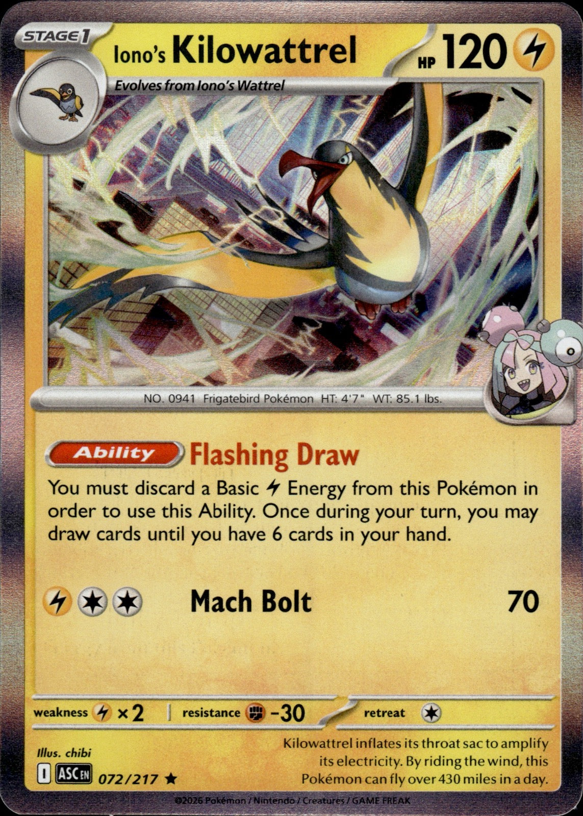 Iono's Kilowattrel 072/217 Rare Ascended Heroes Pokemon