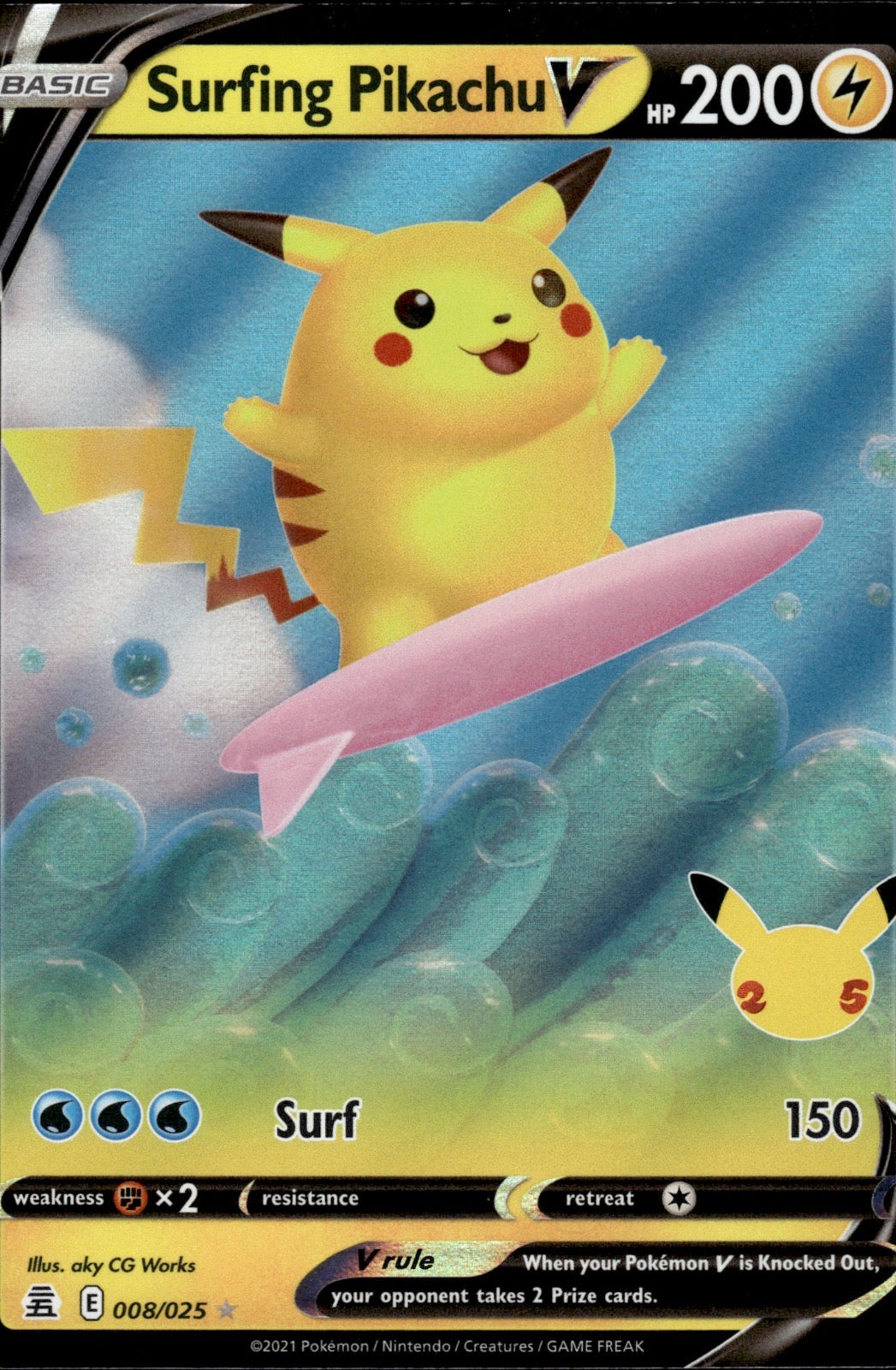 Surfing Pikachu V 008/025 Holo V Rare Celebrations Pokemon