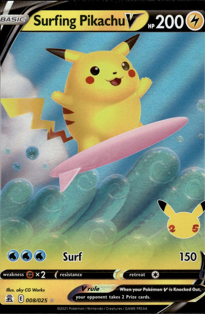 Surfing Pikachu V 008/025 Holo V Rare Celebrations Pokemon