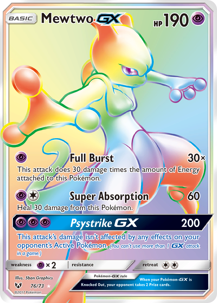 Mewtwo GX 76/73 Rainbow Rare Shining Legends Pokemon Holo