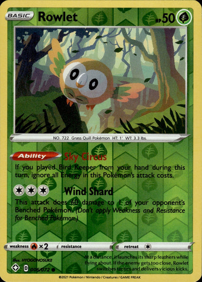 Rowlet 006/072 Common Shining Fates Pokemon Reverse Holo