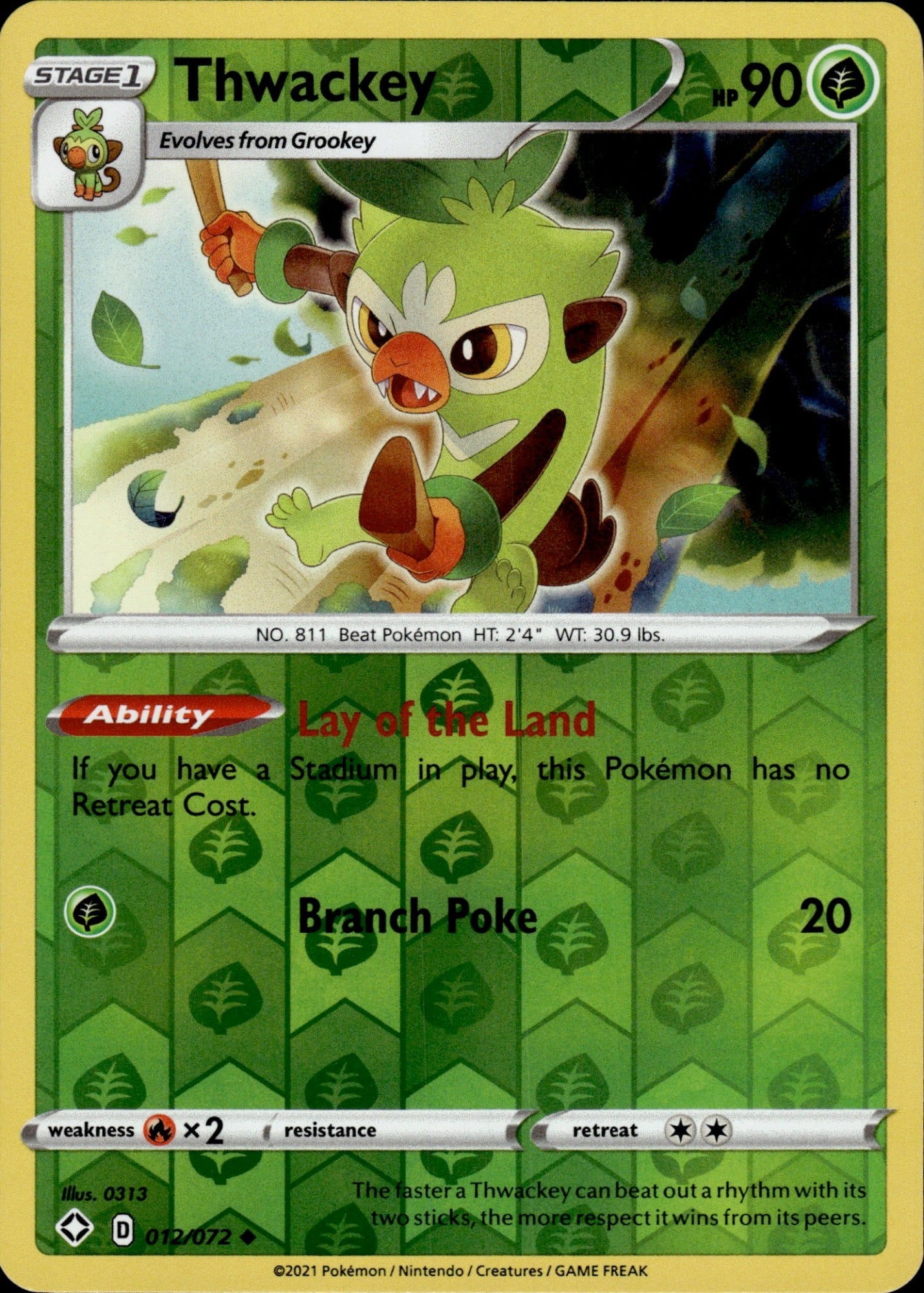Thwackey 012/072 Uncommon Shining Fates Pokemon Reverse Holo