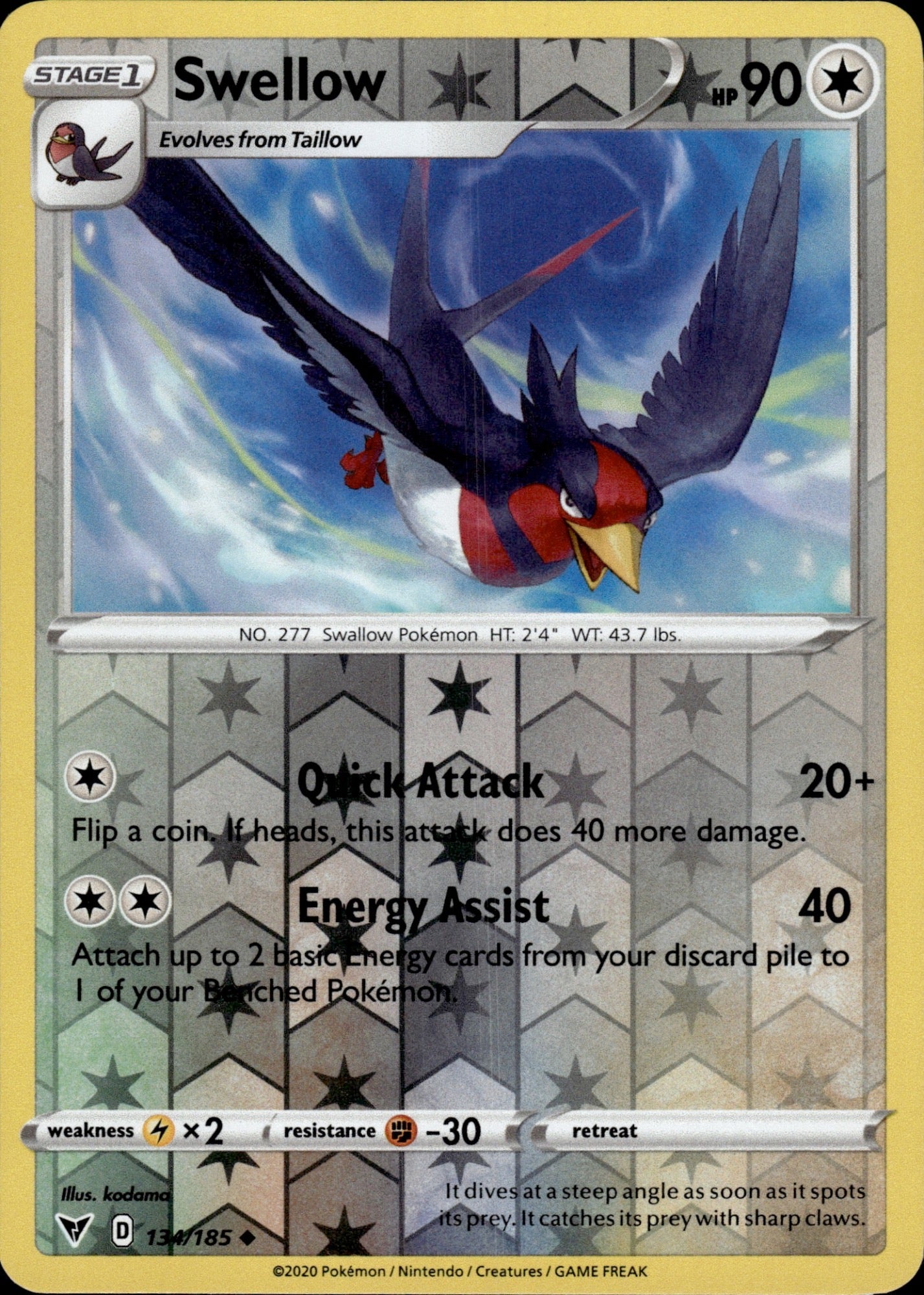 Swellow 134/185 Uncommon Vivid Voltage Pokemon Reverse Holo