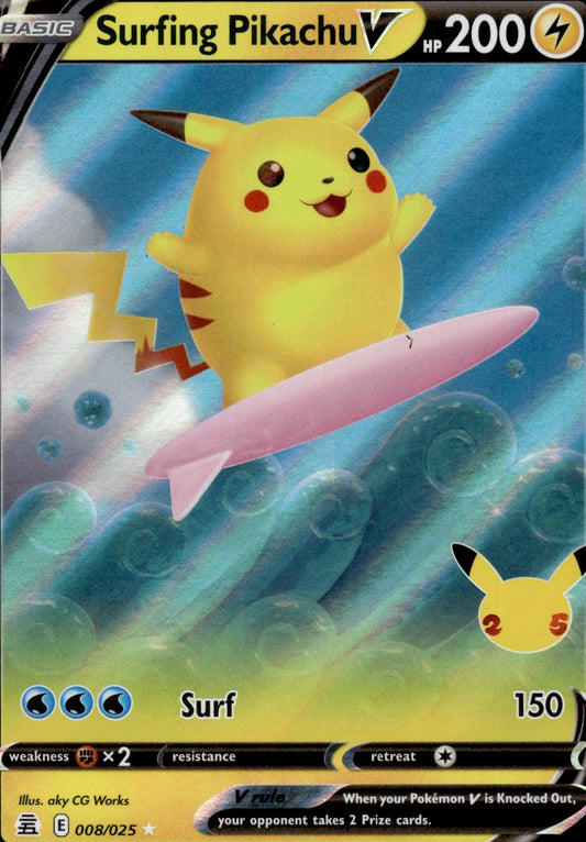 Surfing Pikachu V 008/025 Holo V Rare Celebrations Pokemon