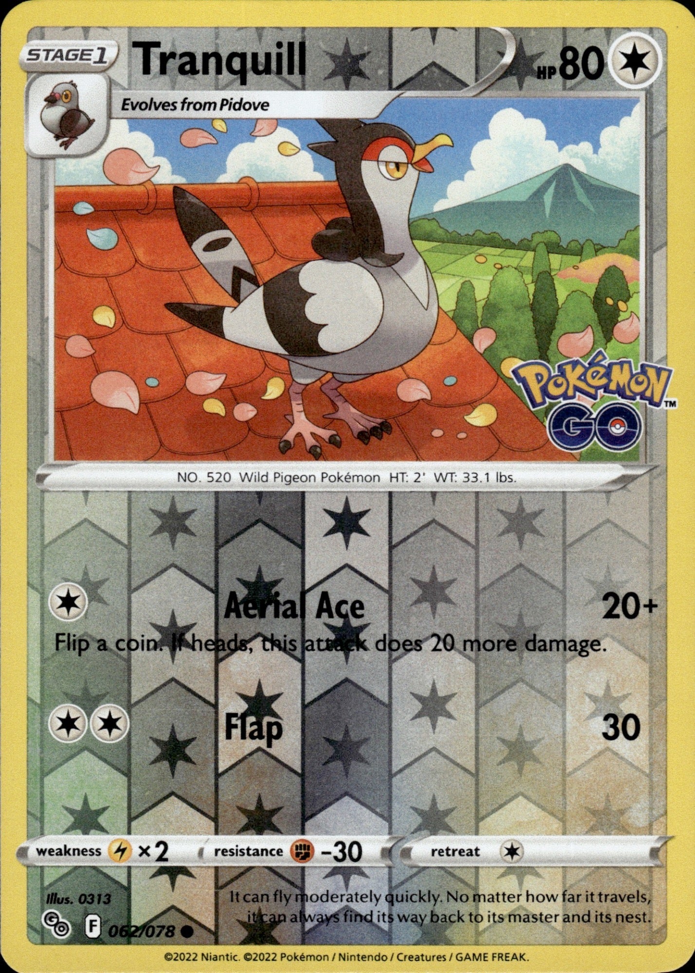 Tranquill 062/078 Common Pokemon GO Pokemon Reverse Holo